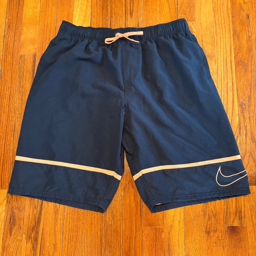 Nike Mens XL Diverge Swim Trunks Navy Blue Orange Swoosh Drawstring Lined